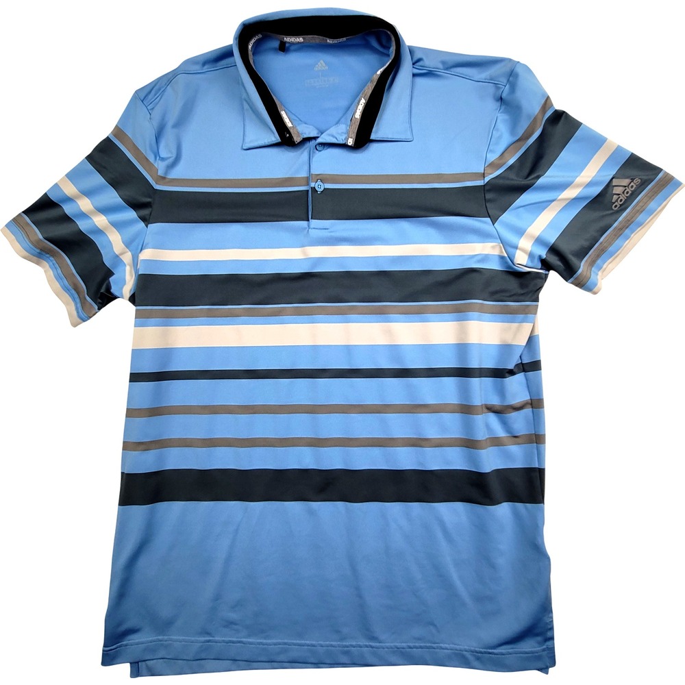 Adidas Men's Golf Shirt Size Large Striped Blue Polyester Short Sleeve